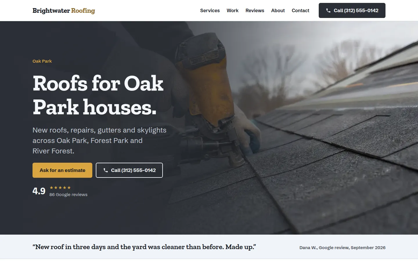 Brightwater Roofing sample site: a roofer installing shingles, the headline Roofs for Oak Park houses, and an estimate button.