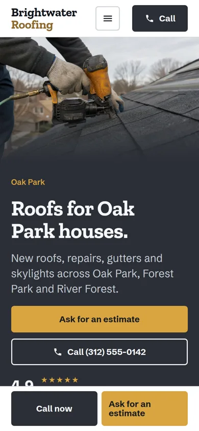 Brightwater Roofing sample site on a phone: a roofer installing shingles, the headline Roofs for Oak Park houses, and an estimate button.