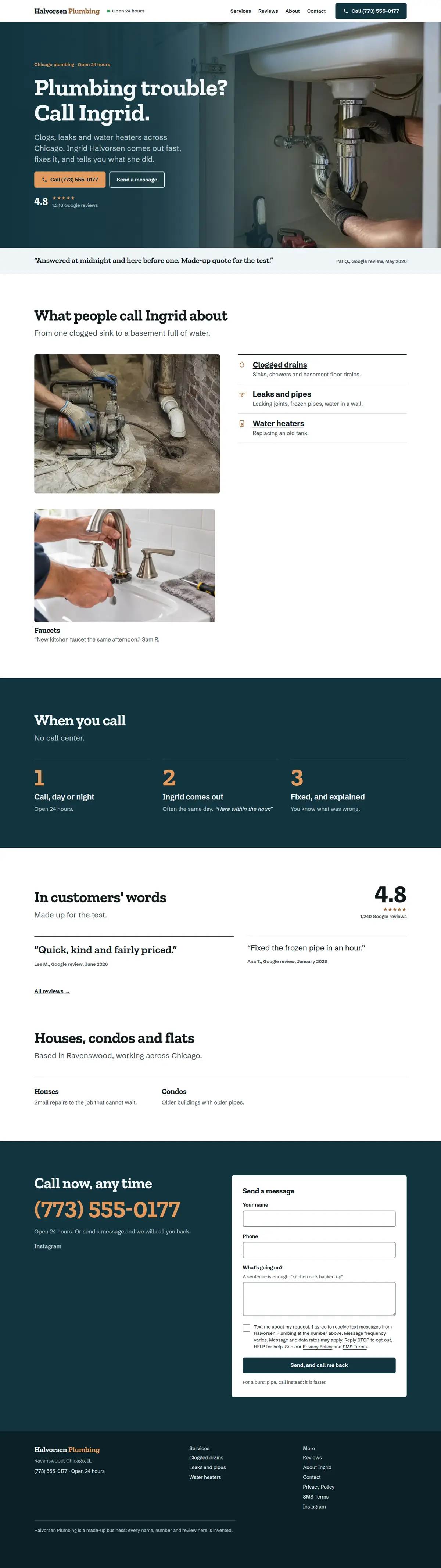 The full Halvorsen Plumbing sample site: header, home page sections, services and contact details.