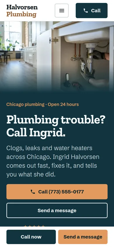 The Halvorsen Plumbing sample site on a phone, with a call button and a message button.