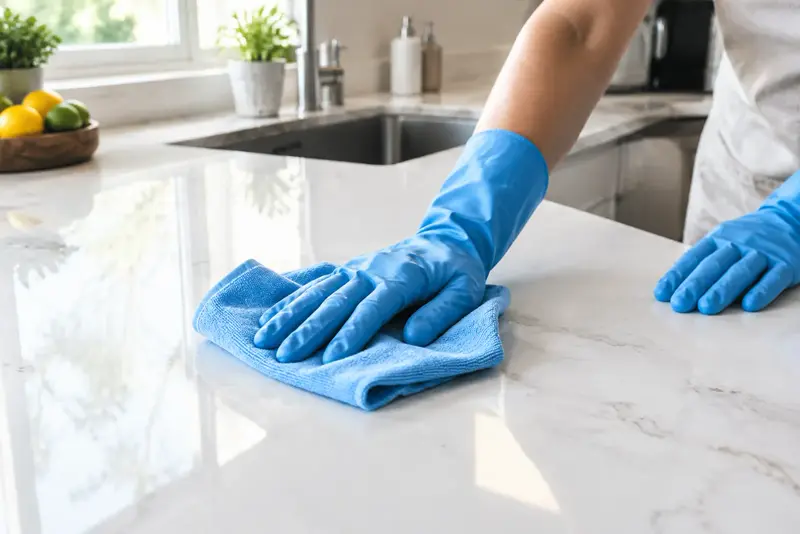Gloved hands wiping a white kitchen countertop with a blue cloth.