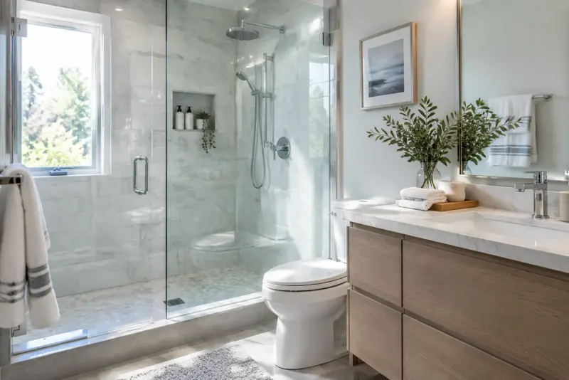 A spotless bathroom with a glass shower.