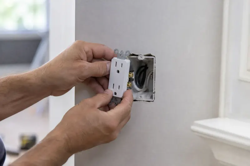 Hands fitting a new white outlet into a wall box.