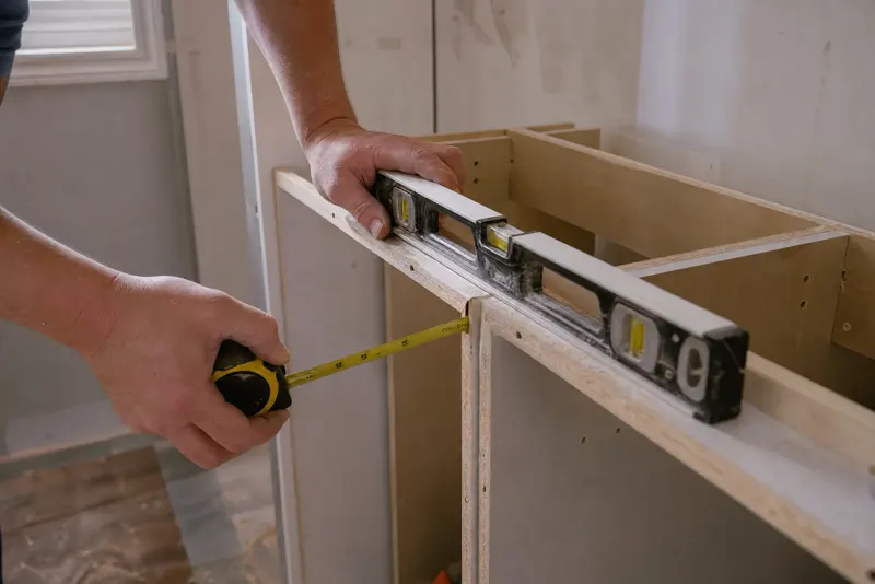 A carpenter checking a stud wall with a level and a tape measure.