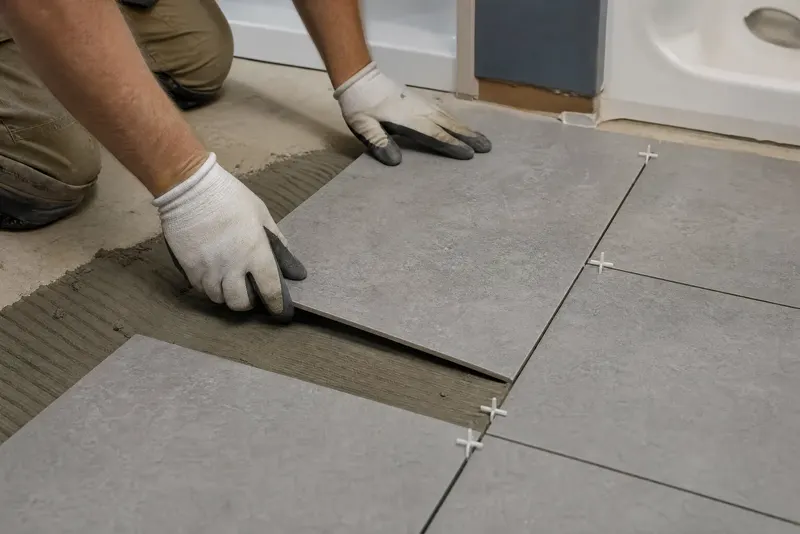 A tiler setting floor tile in a bathroom with spacers between the tiles.