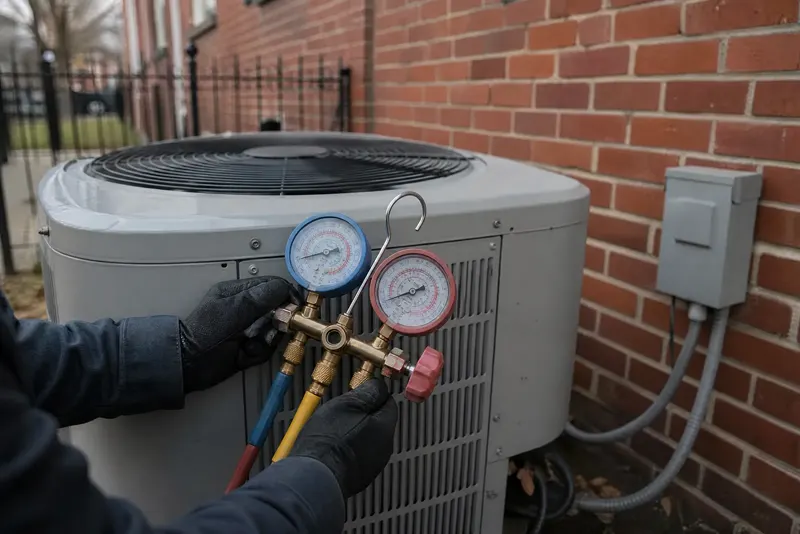 Gloved hands on refrigerant gauges at an outdoor air conditioning unit.