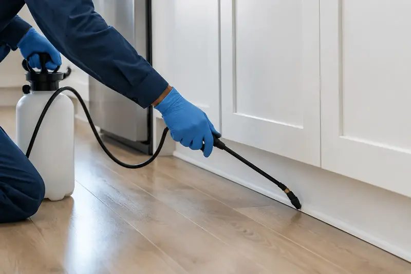 A technician's gloved hands spraying along a kitchen baseboard.