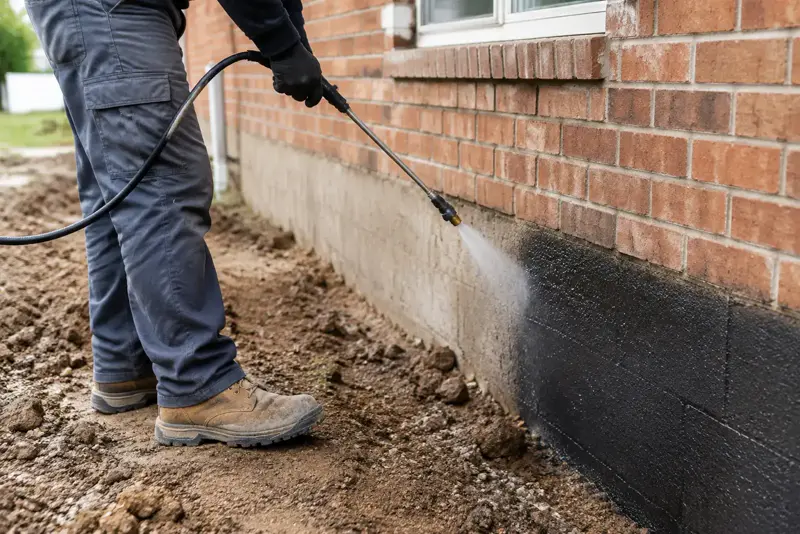A technician spraying the foundation of a brick house.