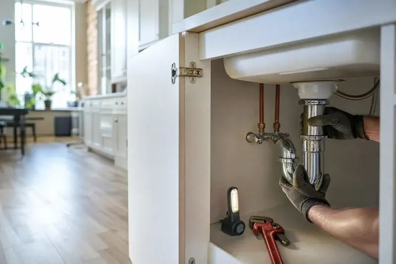 A plumber's gloved hands tightening the pipes under a kitchen sink.