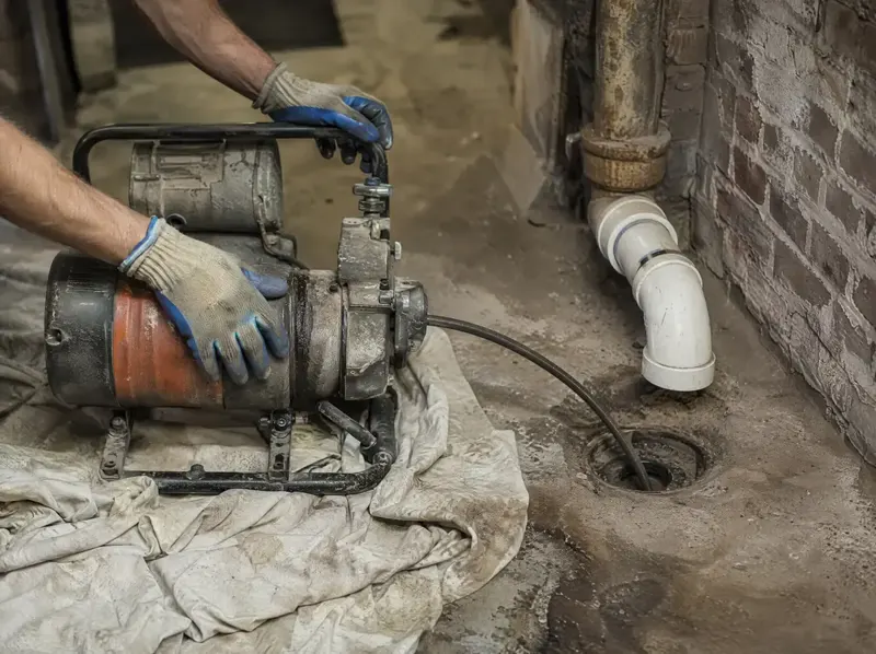 A drain cleaning machine next to a basement floor drain, with gloved hands on the cable.