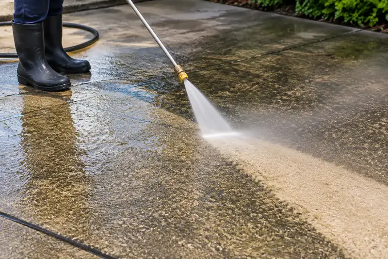 A pressure washer cleaning a stripe across a dirty driveway.