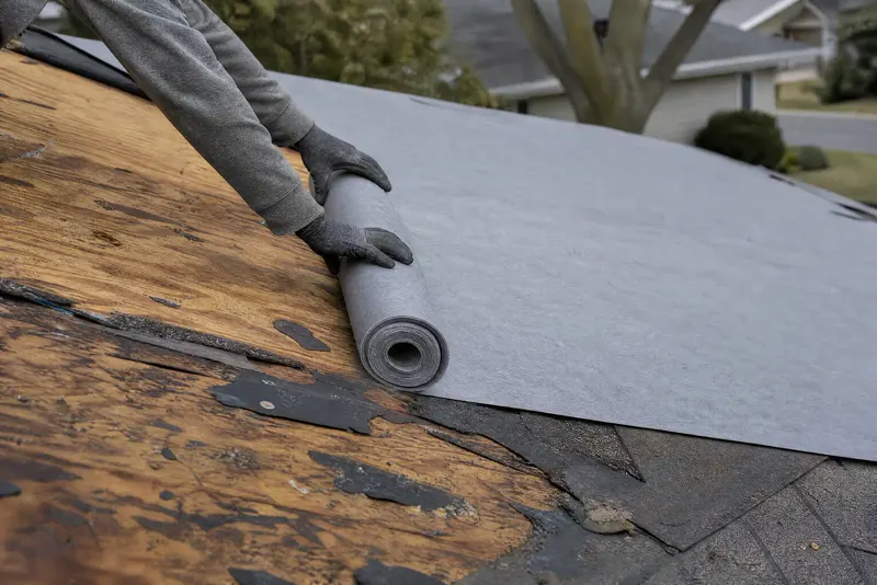 A roofer rolling underlayment over exposed roof decking.